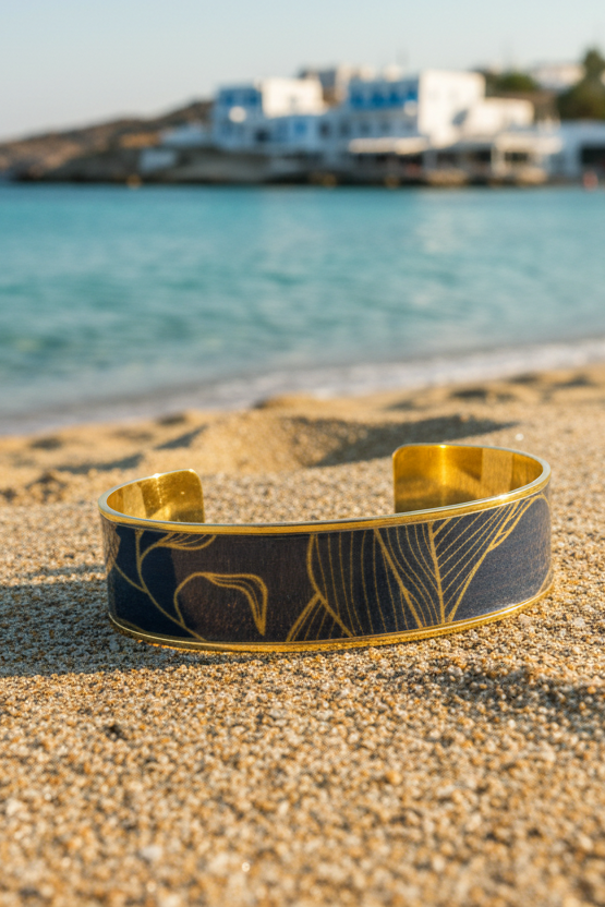 Bracelet manchette en métal doré inoxydable et vernis laqué, une pièce artistique et vibrante qui booste instantanément votre style