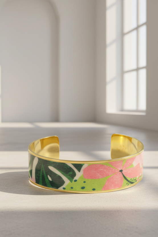 Bracelet manchette en métal doré inoxydable et vernis laqué, une pièce artistique et vibrante qui booste instantanément votre style