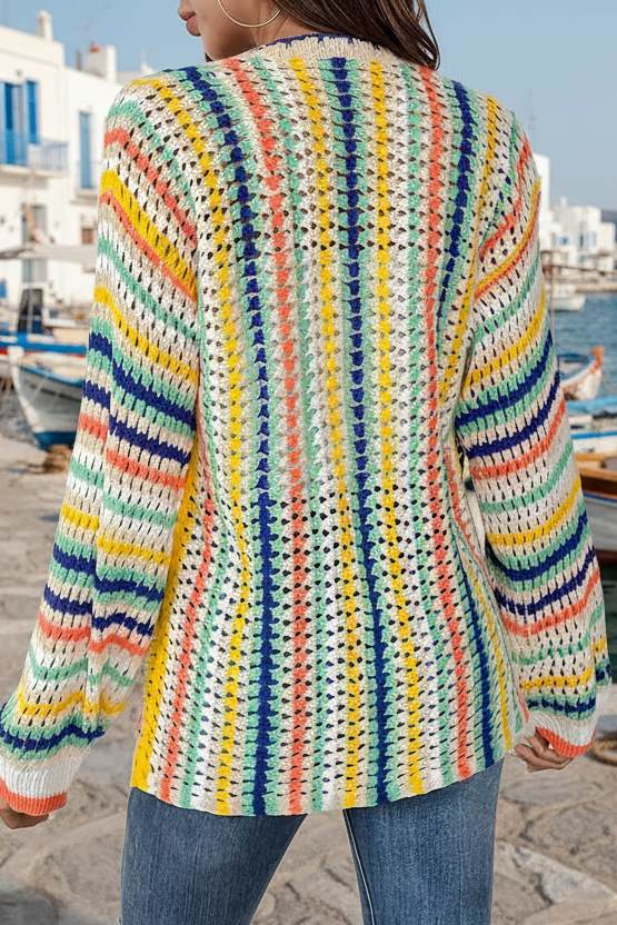 Cardigan en crochet à rayures colorées, ouvert et ultra stylé, qui booste instantanément votre look avec une touche vibrante, moderne et irrésistiblement tendance