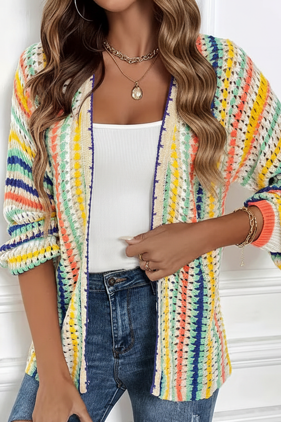 Cardigan en crochet à rayures colorées, ouvert et ultra stylé, qui booste instantanément votre look avec une touche vibrante, moderne et irrésistiblement tendance