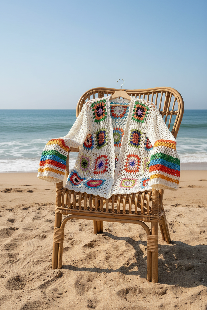 Cardigan en crochet à motif floral coloré ethnique. Léger, tendance et rafraichissant. La pièce complice d'un été bohème chic