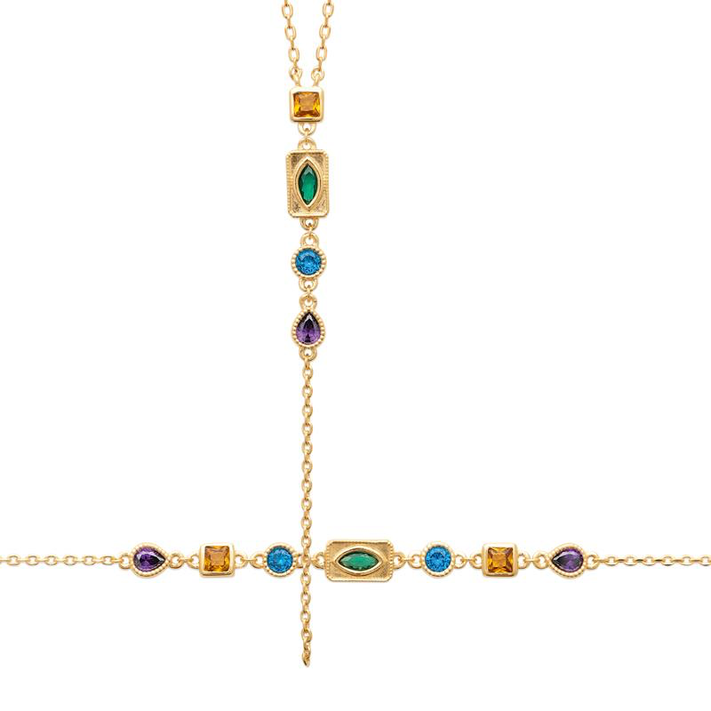 Parure Héra collier & bracelet Duo ou solo en plaqué or 18 carats aux pierres divines arc-en-ciel, une explosion de lumière et de couleur pour une allure luxe, vibrante et irrésistiblement tendance