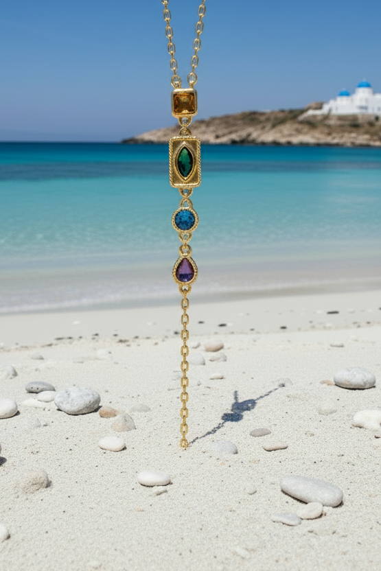Parure Héra collier & bracelet Duo ou solo en plaqué or 18 carats aux pierres divines arc-en-ciel, une explosion de lumière et de couleur pour une allure luxe, vibrante et irrésistiblement tendance
