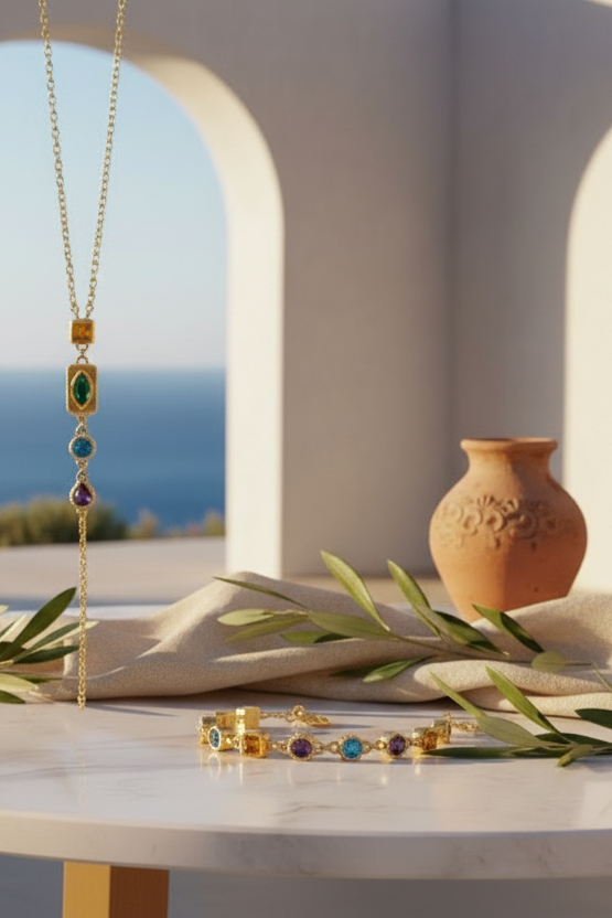 Parure Héra collier & bracelet Duo ou solo en plaqué or 18 carats aux pierres divines arc-en-ciel, une explosion de lumière et de couleur pour une allure luxe, vibrante et irrésistiblement tendance