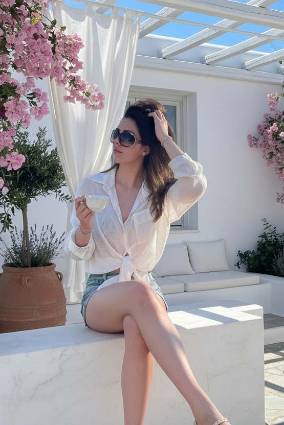 La chemise de bain blanche qui fait toute la différence dans votre dressing d’été. Subtilement semi-transparente, elle joue avec la lumière pour révéler juste ce qu’il faut, créant un équilibre parfait entre élégance et sensualité