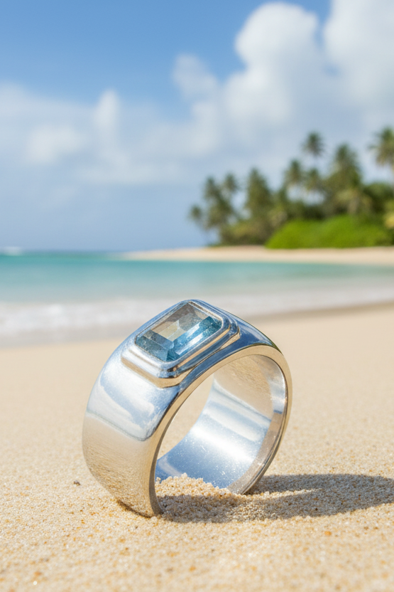 Bague Calypsa en argent 925 rhodié miroir & pierre bleue une pièce couture minimaliste au design bombé qui impose un luxe moderne, clean et ultra sophistiqué