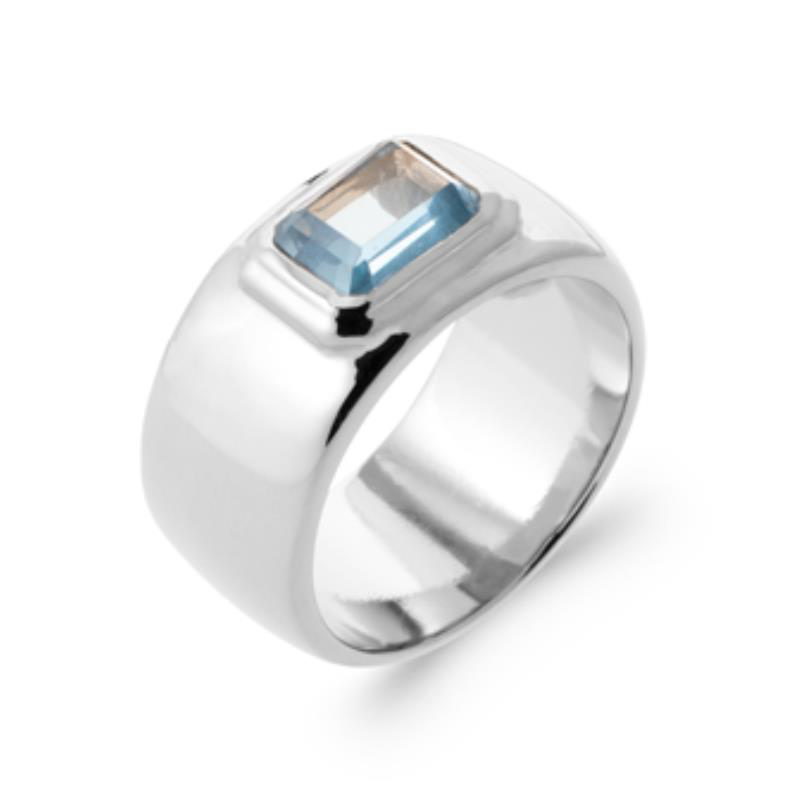 Bague Calypsa en argent 925 rhodié miroir & pierre bleue une pièce couture minimaliste au design bombé qui impose un luxe moderne, clean et ultra sophistiqué