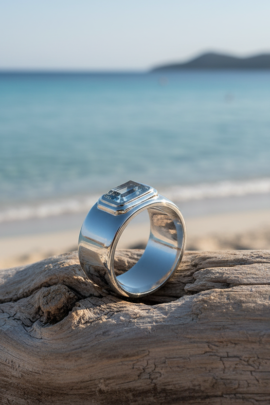 Bague Calypsa en argent 925 rhodié miroir & pierre bleue une pièce couture minimaliste au design bombé qui impose un luxe moderne, clean et ultra sophistiqué