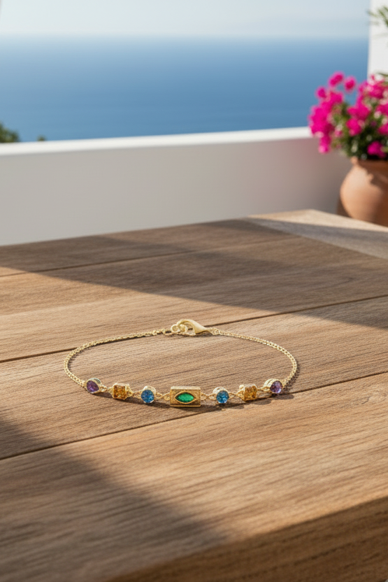 Parure Héra collier & bracelet Duo ou solo en plaqué or 18 carats aux pierres divines arc-en-ciel, une explosion de lumière et de couleur pour une allure luxe, vibrante et irrésistiblement tendance