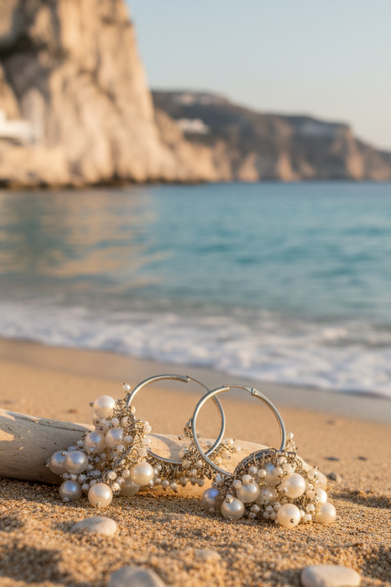 Boucles d’oreilles Théia à l'esprit nomade dorées en acier inoxydable, cristaux scintillants et pampilles de perles – l’élégance bohème chic incontournable