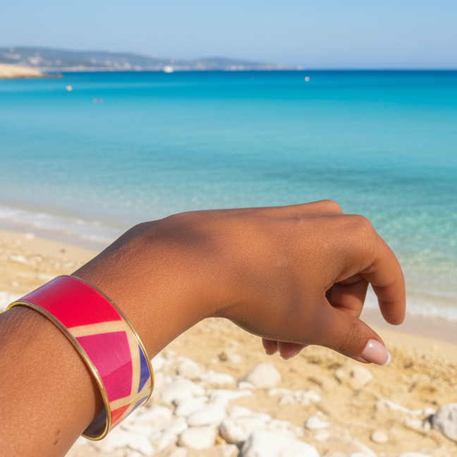 Bracelet manchette en métal doré inoxydable et vernis laqué, une pièce artistique et vibrante qui booste instantanément votre style