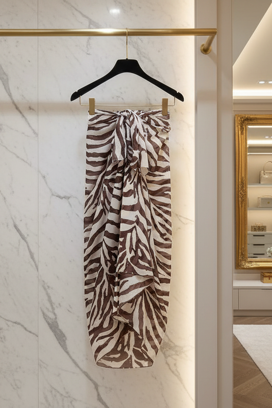 Paréo, robe ou jupe portefeuille à imprimé exotique rayé zébré, qui apporte un charme sauvage et audacieux à vos looks de plage ou de vacances