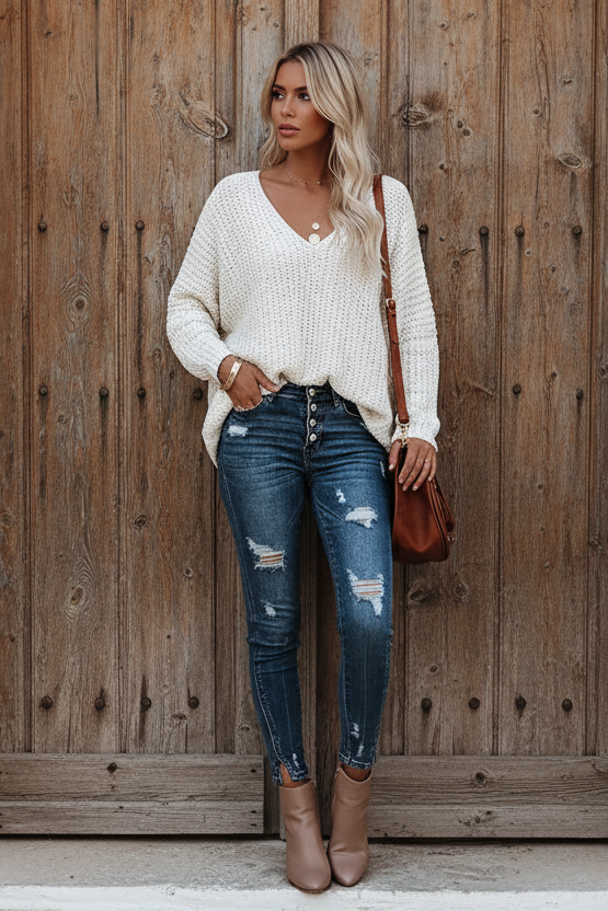 Pull élégant loose en tricot léger, ultra confortable, avec col V devant et derrière, parfait pour un look chic, moderne et effortless en toute saison