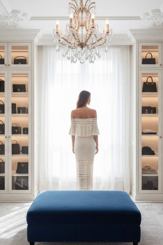 Robe bohème bodycon raffinée en crochet, avec épaules dénudées, qui sublime la silhouette tout en apportant une touche chic et sensuelle parfaitement maîtrisée
