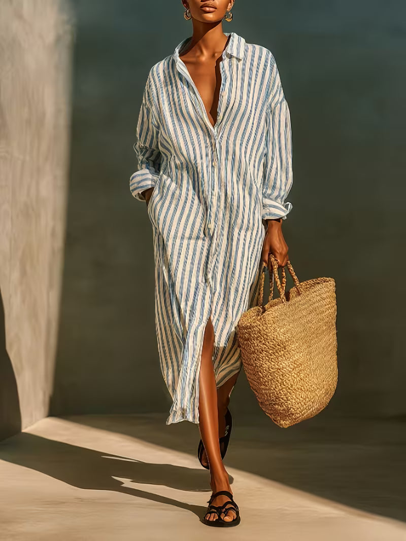 Robe chemise rayée casual chic, à la coupe fluide et moderne, parfaite pour un look effortless qui allie élégance décontractée et style tendance au quotidien