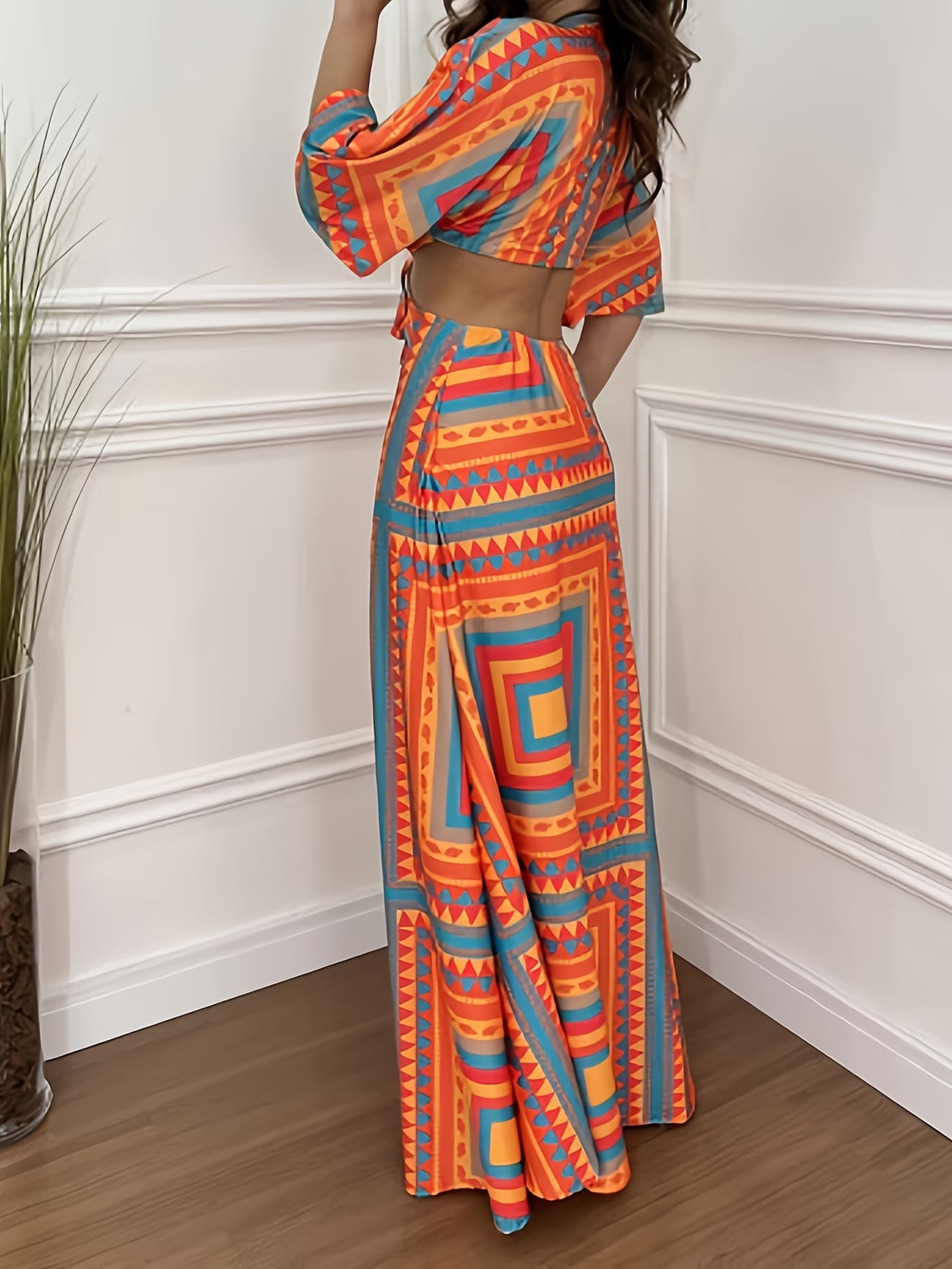 Robe longue polychrome couture Palazzo à motif géométrique, manches chauve-souris et ceinture à nouer à la taille