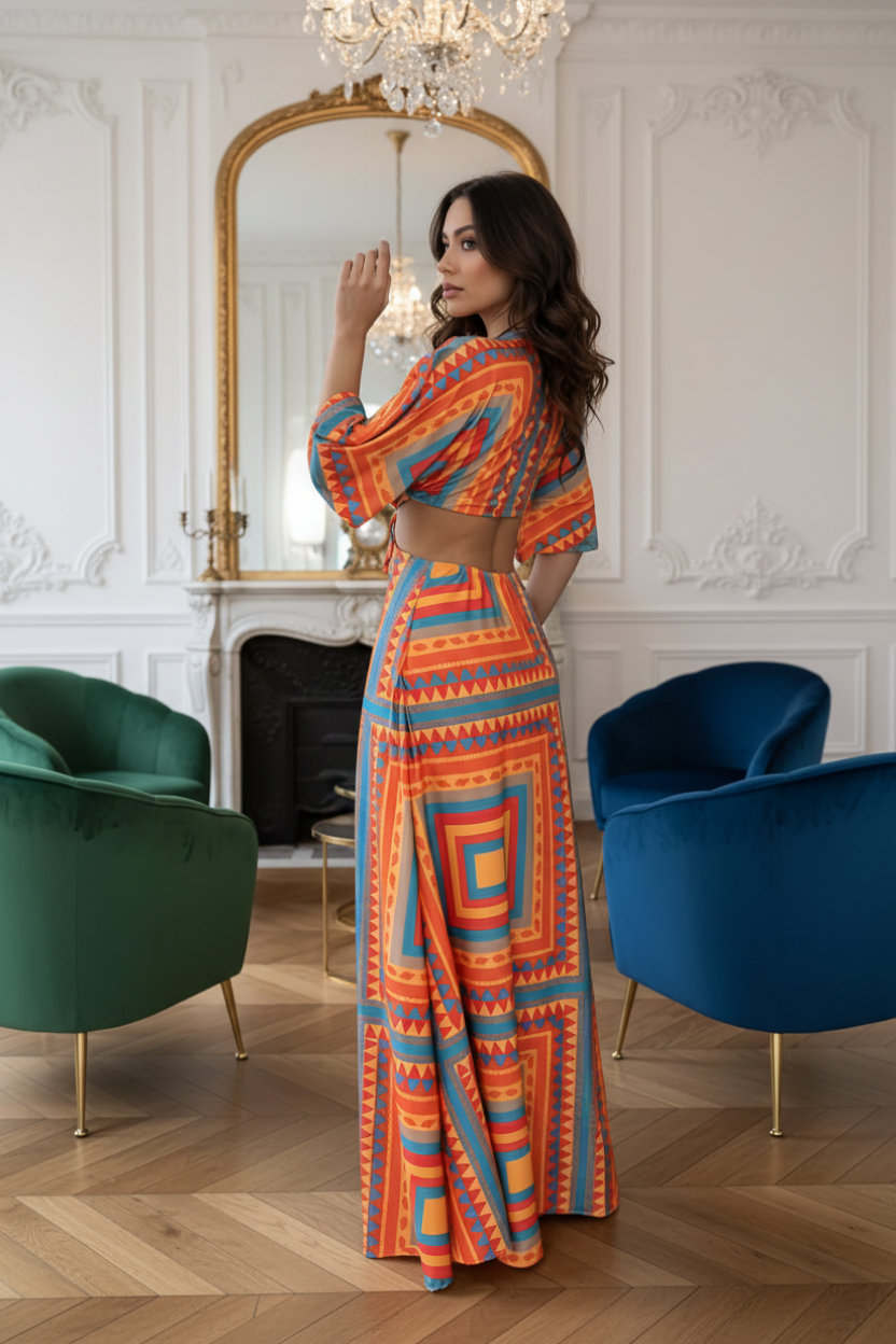 Robe longue polychrome couture Palazzo à motif géométrique — Vogue Française