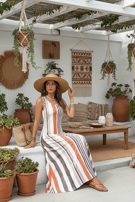 Robe maxi à rayures verticales color block, une palette audacieuse pour une soirée cocktail ou une pool party