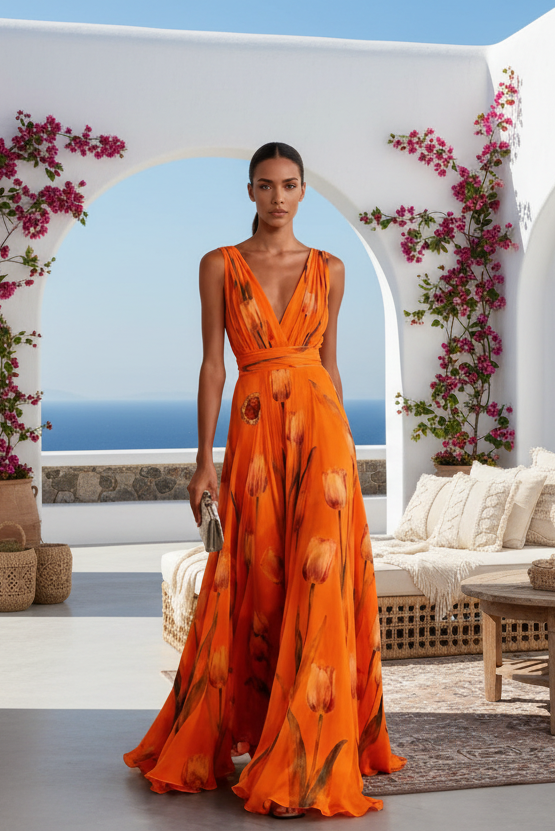 Robe de cocktail longue vaporeuse à imprimé tulipes, légère et élégante, qui sublime la silhouette avec une touche florale chic et une allure fluide irrésistiblement romantique