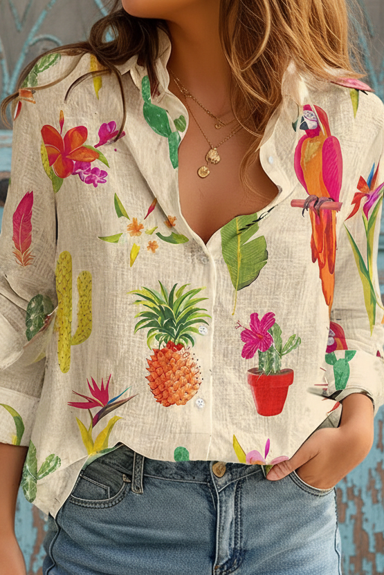 Chemise Shimida printemps/été à imprimé tropical, col classique, manches longues, coupe ample laid-back