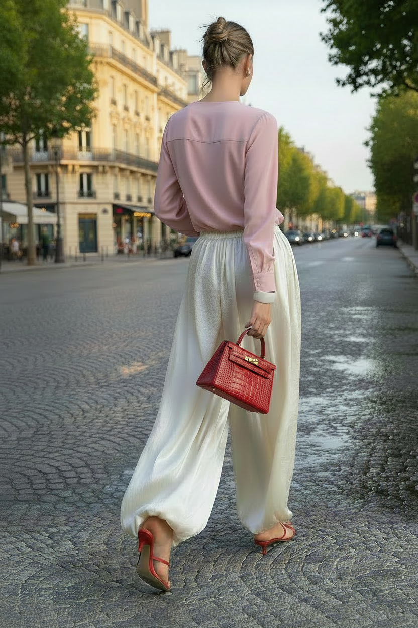 Pantalon lumineux satiné ivoire – Élégance Bohème Contemporaine
