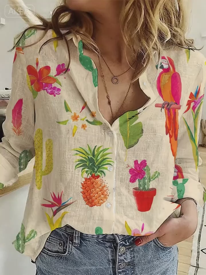 Chemise Shimida printemps/été à imprimé tropical, col classique, manches longues, coupe ample laid-back