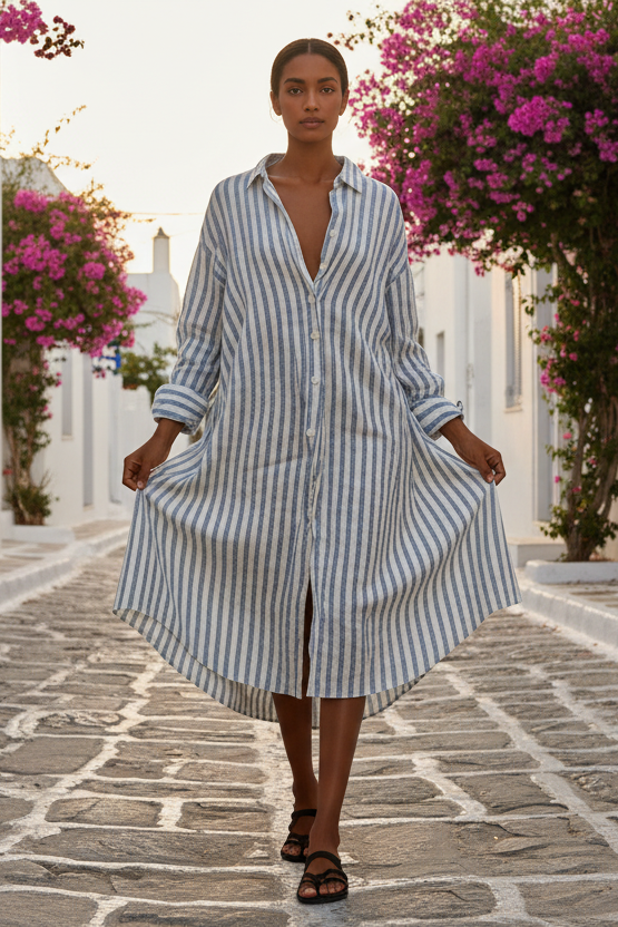 Robe chemise rayée casual chic, à la coupe fluide et moderne, parfaite pour un look effortless qui allie élégance décontractée et style tendance au quotidien