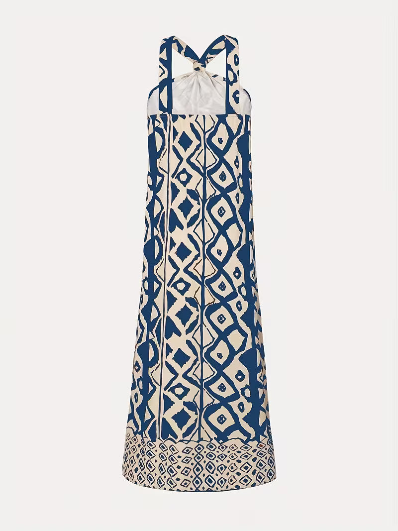 Robe longue raffinée à imprimé géométrique avec col halter, élégante et moderne, qui sublime la silhouette avec un style chic et résolument tendance
