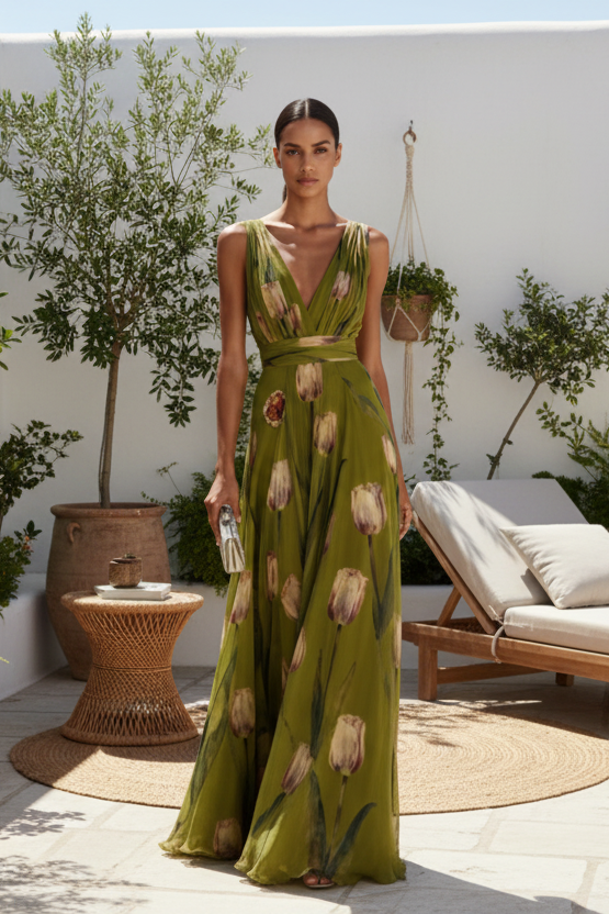 Robe de cocktail longue vaporeuse à imprimé tulipes, légère et élégante, qui sublime la silhouette avec une touche florale chic et une allure fluide irrésistiblement romantique