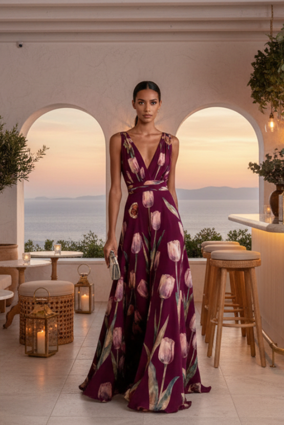 Robe de cocktail longue vaporeuse à imprimé tulipes, légère et élégante, qui sublime la silhouette avec une touche florale chic et une allure fluide irrésistiblement romantique
