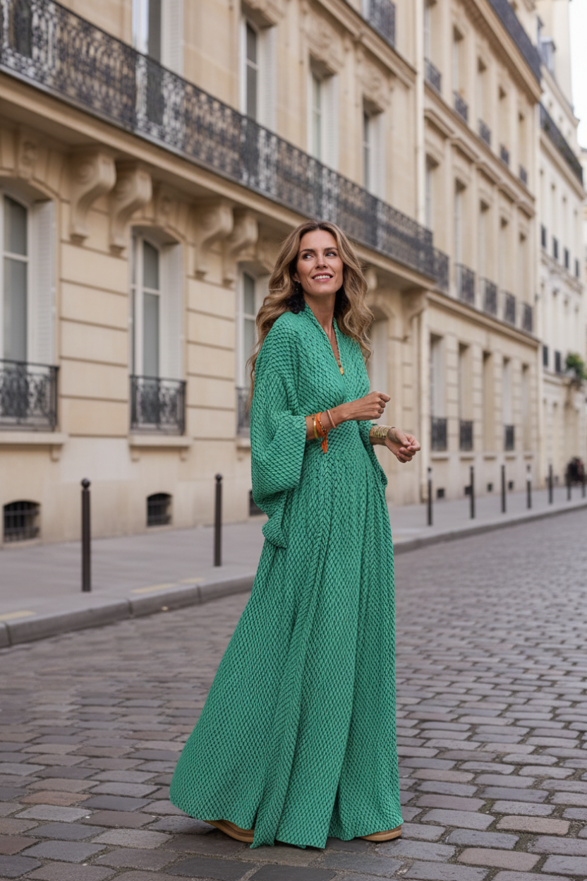 Robe Longue Impériale. Élégance Parisienne à Carreaux – Taille Cintrée & Col V Raffiné